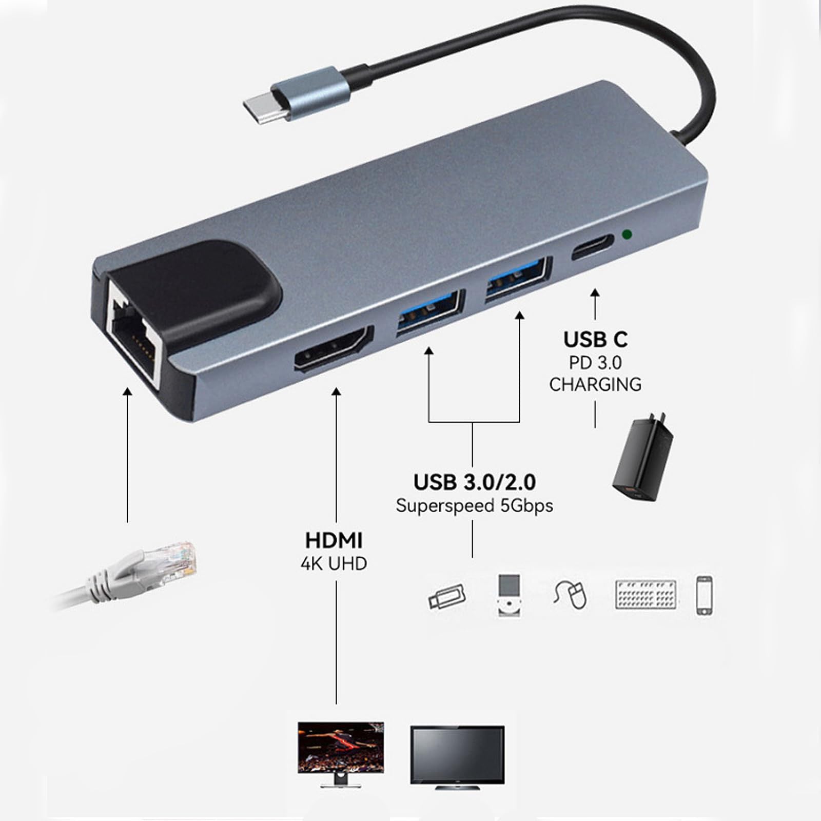 ADAPTADOR MULTIPUERTO USB C 5 EN 1 MODELO BYL 2007
