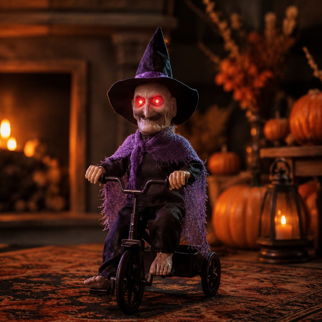 BRUJA EN BICICLETA DECORATIVA PARA HALLOWEEN