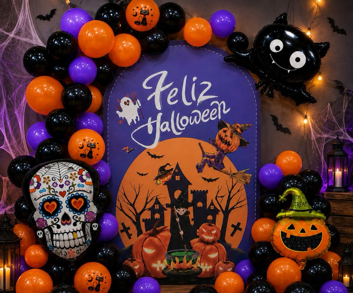SET DE 61 PZAS GLOBOS CON FONDO DE BRUJA FELIZ HALLOWEEN WS-031