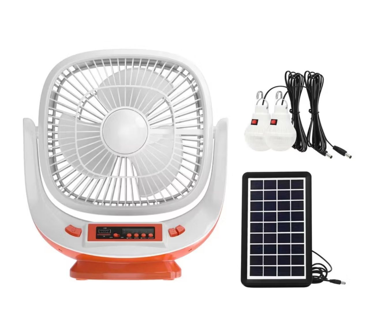 VENTILADOR PARLANTE CON PANEL SOLAR Y BOMBILLOS